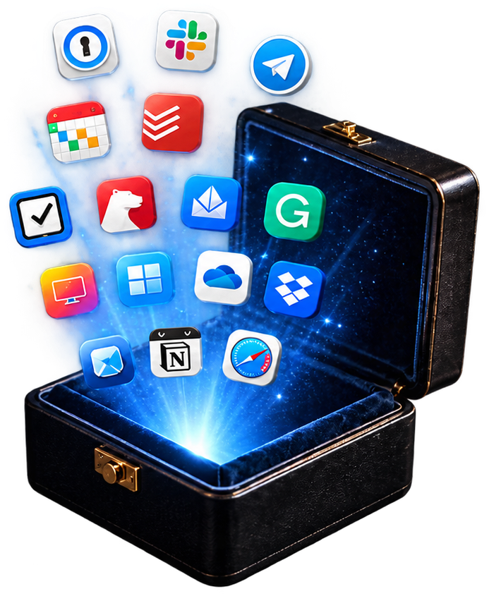 An open jewel box, with the icons of menu bar apps rising out of it in a shaft of light